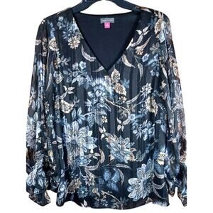 Vince Camuto Size M Floral Balloon Sleeve Top Sheer Chiffon Gold Lurex Stripes